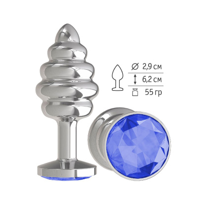 Анальная втулка Silver Spiral малая с синим кристаллом (515-07 blue-DD)